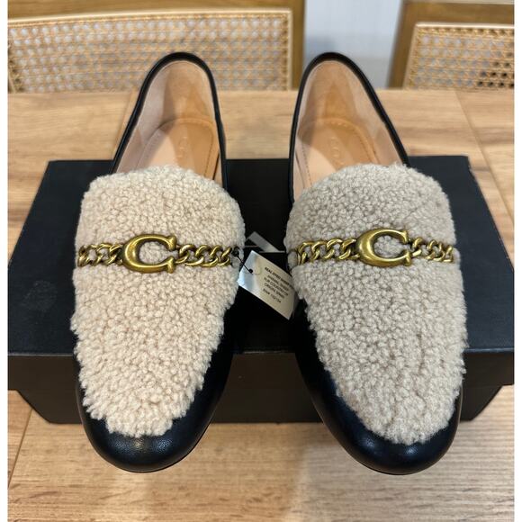 Coach Helena C Chain Loafers Leather & Shearling Black Cream Gold Size 6.5 NIB - Picture 4 of 15